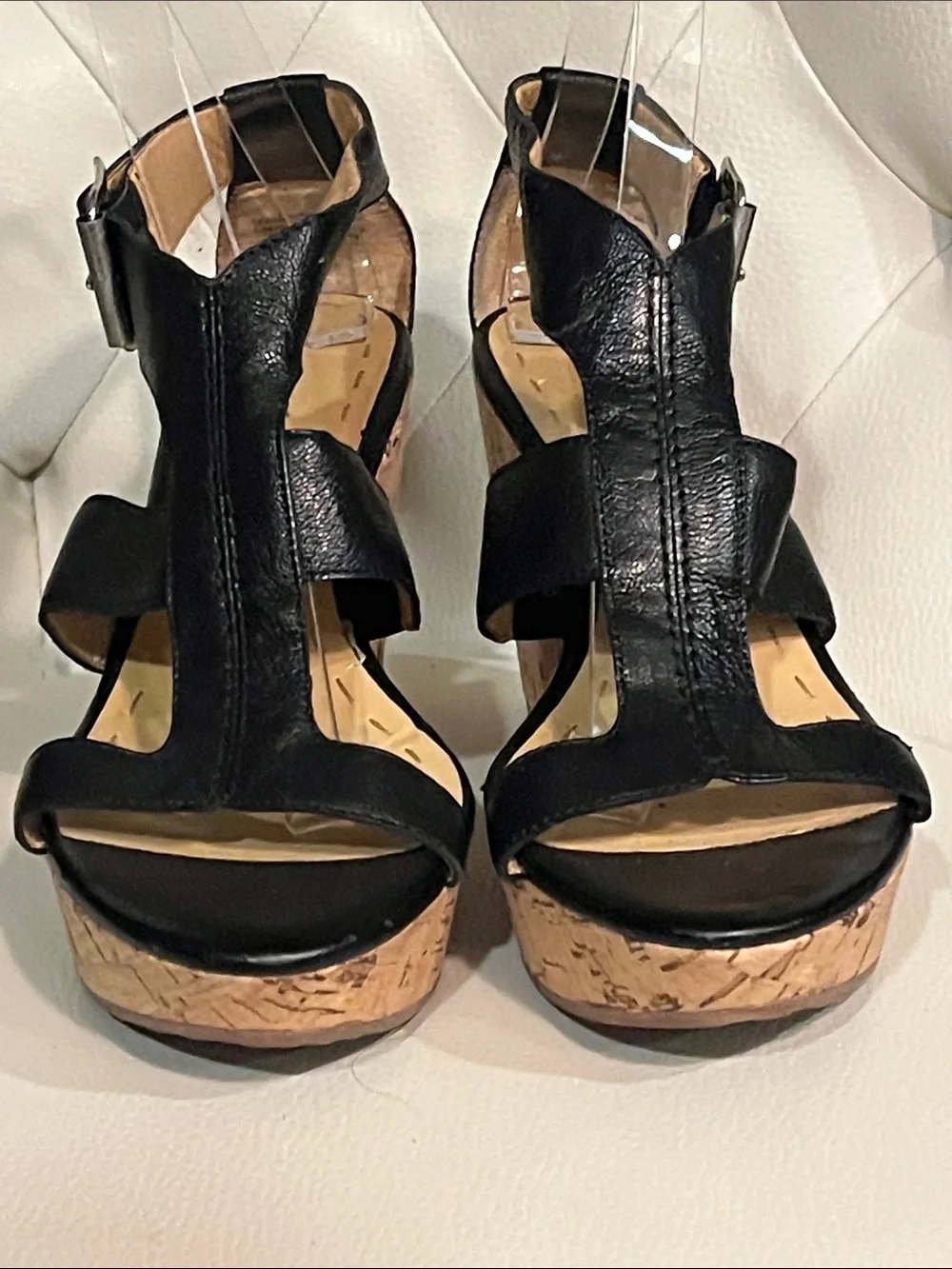 Nine West Black Leather Cork Wedge Sandals Size 8